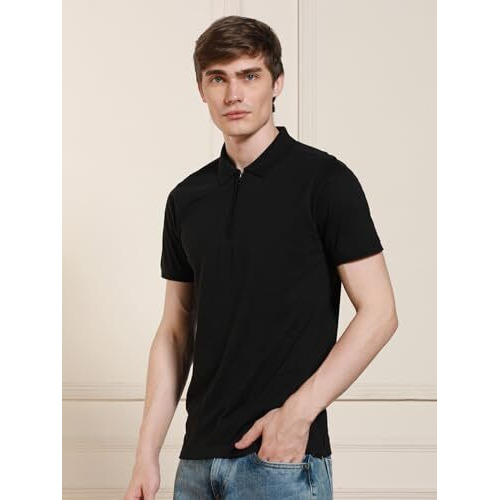 Dennis Lingo Mens Black Solid Polo Neck Half Sleeves Regular Fit T-Shirts (Dlmtsw23091_Bk, Black, M)