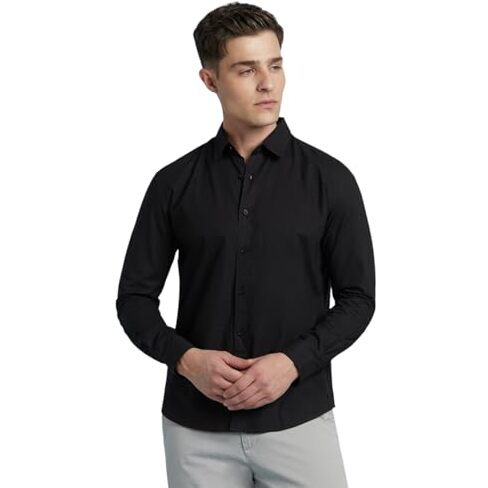 Dennis Lingo Men Cotton Regular Fit Solid Shirts Black
