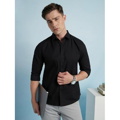 Dennis Lingo Men Cotton Regular Fit Solid Shirts Black