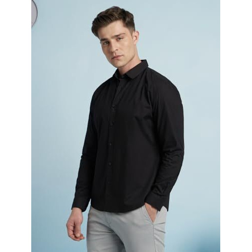 Dennis Lingo Men Cotton Regular Fit Solid Shirts Black