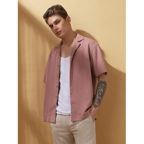 Dennis Lingo Men Relaxed Fit Pink Half Sleeves Polyester Casual Shirt