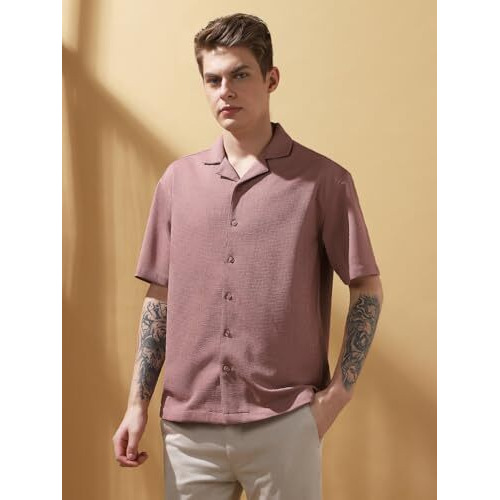 Dennis Lingo Men Relaxed Fit Pink Half Sleeves Polyester Casual Shirt