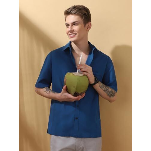 Dennis Lingo Men Relaxed Fit Teal Blue Half Sleeves Cotton Casual Shirt