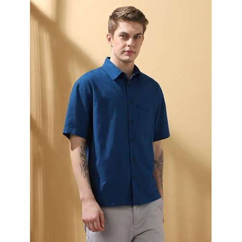 Dennis Lingo Men Relaxed Fit Teal Blue Half Sleeves Cotton Casual Shirt