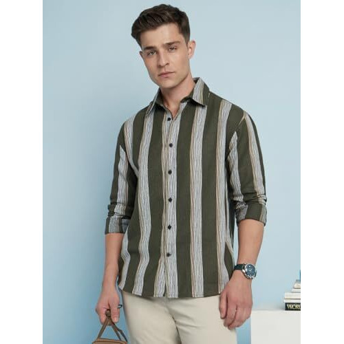Dennis Lingo Men Cotton Blend Relaxed Fit Striped Shirts Olive