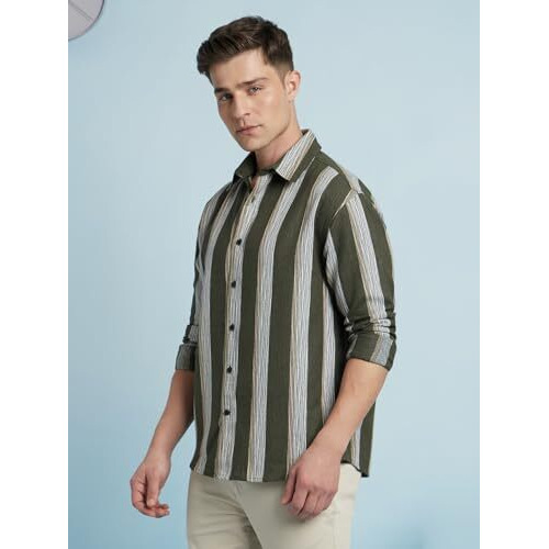Dennis Lingo Men Cotton Blend Relaxed Fit Striped Shirts Olive