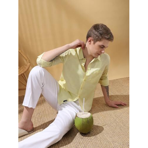 Dennis Lingo Men Regular Fit Yellow Full Sleeves Cotton Casual Shirt