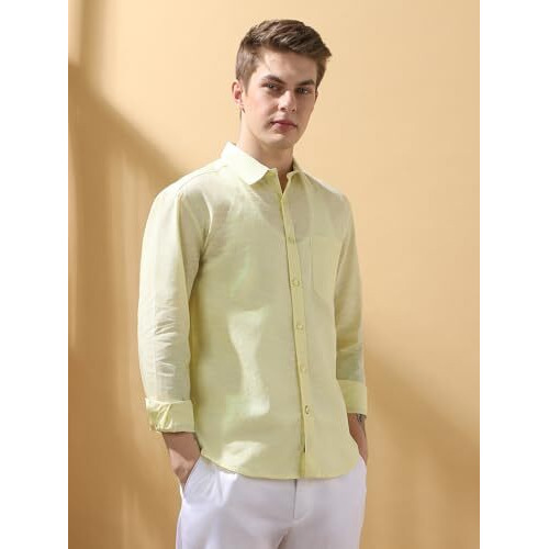 Dennis Lingo Men Regular Fit Yellow Full Sleeves Cotton Casual Shirt