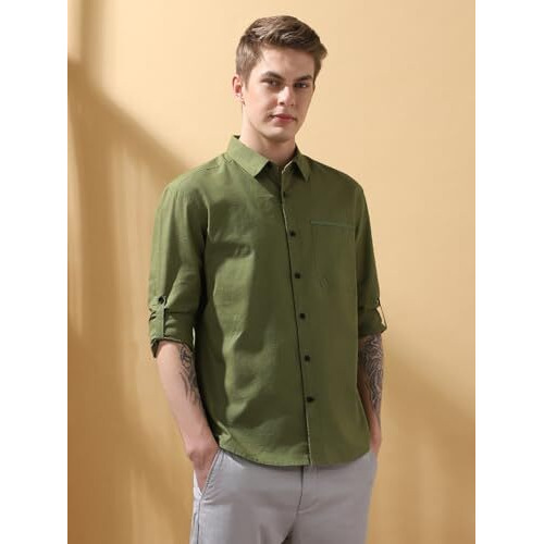 Dennis Lingo Men Regular-Fit Green Full-Sleeves Cotton Casual Shirt