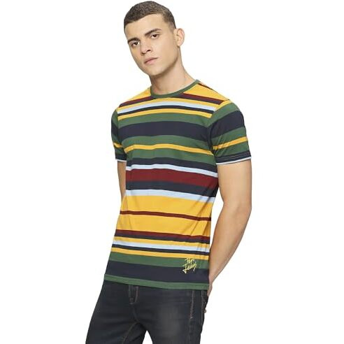 Pepe Jeans Men's Cotton Slim Fit Striped T-Shirts, Multicolor, Medium