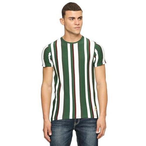 Pepe Jeans Men's Cotton Slim Fit Striped T-Shirts Ivy Green, Medium