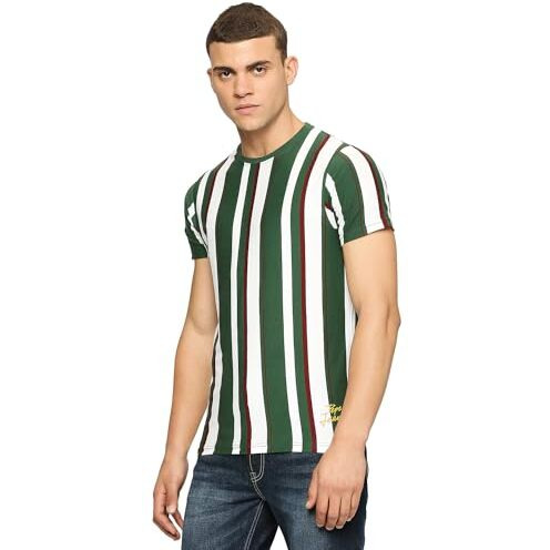 Pepe Jeans Men's Cotton Slim Fit Striped T-Shirts Ivy Green, Medium