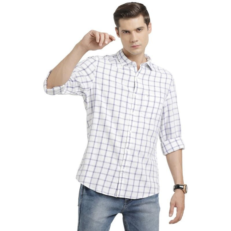 Turtle Men 100% Cotton Slim Fit White Check Casual Shirt
