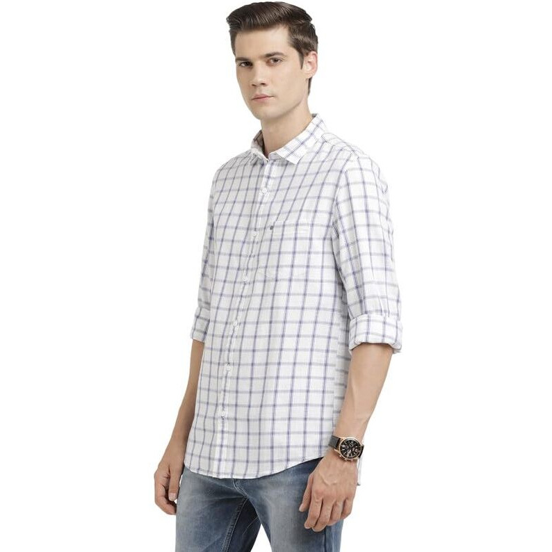 Turtle Men 100% Cotton Slim Fit White Check Casual Shirt