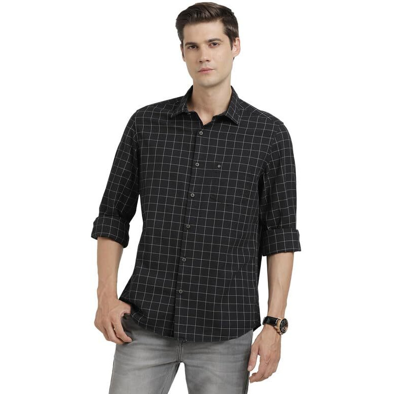 Turtle Men 100% Cotton Slim Fit Black Check Full Sleeve Casual Shirt