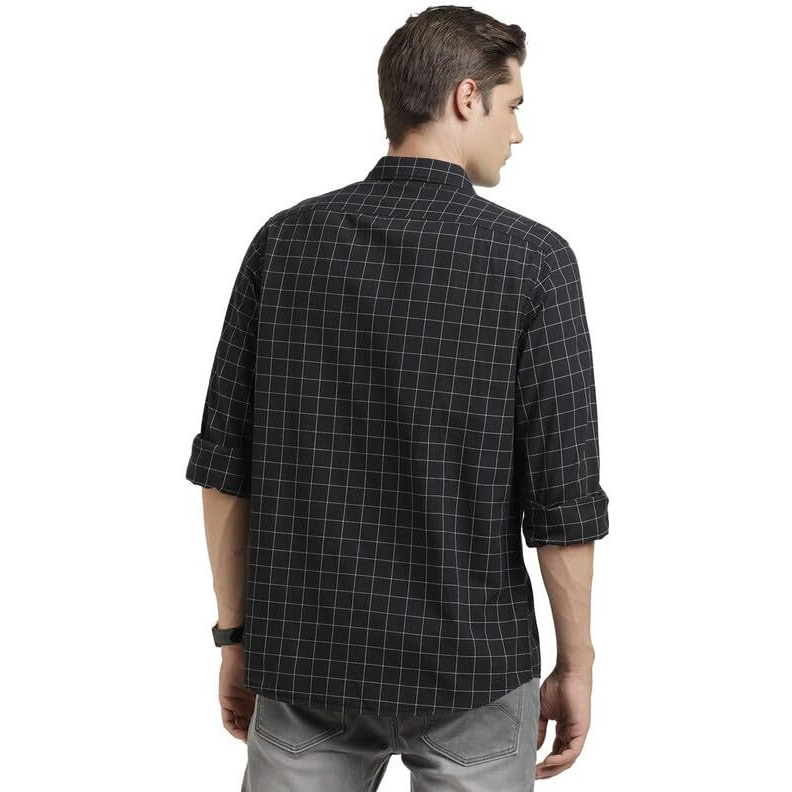 Turtle Men 100% Cotton Slim Fit Black Check Full Sleeve Casual Shirt