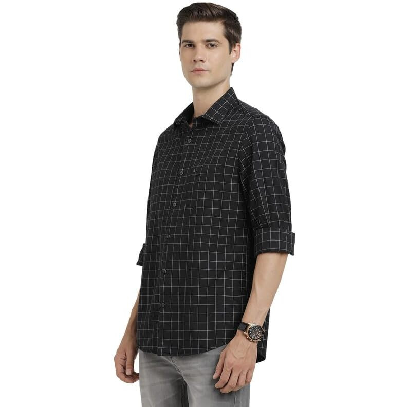 Turtle Men 100% Cotton Slim Fit Black Check Full Sleeve Casual Shirt