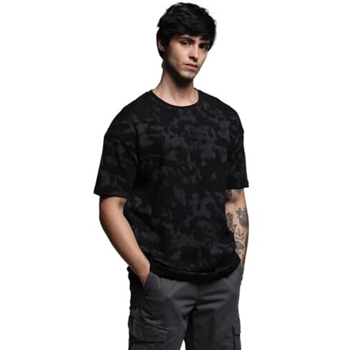 Jack & Jones Men Camouflage Oversized Black Tshirt