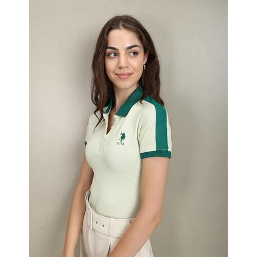 U.S. Polo Assn. Women's Contrast Detail Slim Polo Shirt (Uwaw23Tsh008_Green_Xl)