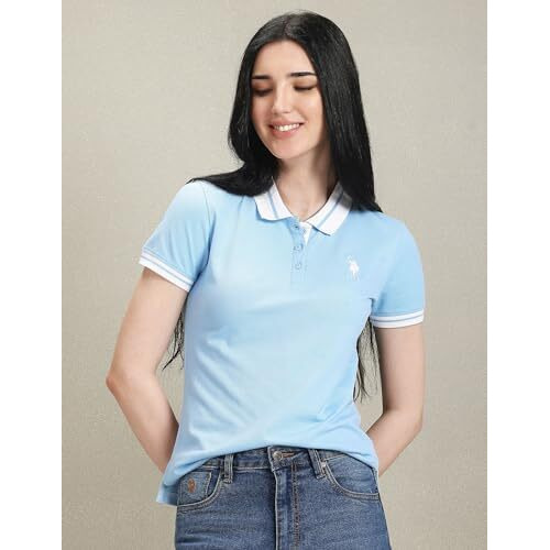 U.S. Polo Assn. Women's Striped Collar Pique Polo Shirt (Uwaw23Tsh026_Blue_M)