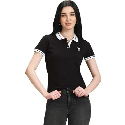 U.S. Polo Assn. Women's Striped Collar Pique Polo Shirt (Uwaw23Tsh027_Black_L)