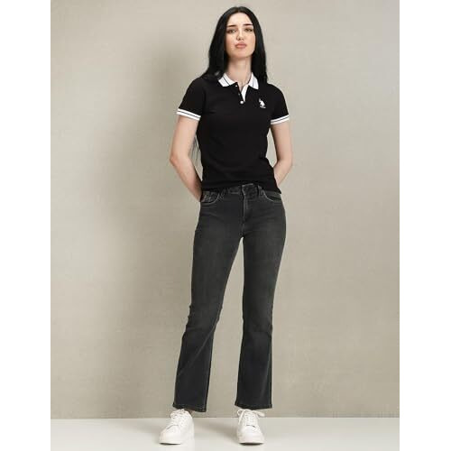 U.S. Polo Assn. Women's Striped Collar Pique Polo Shirt (Uwaw23Tsh027_Black_L)