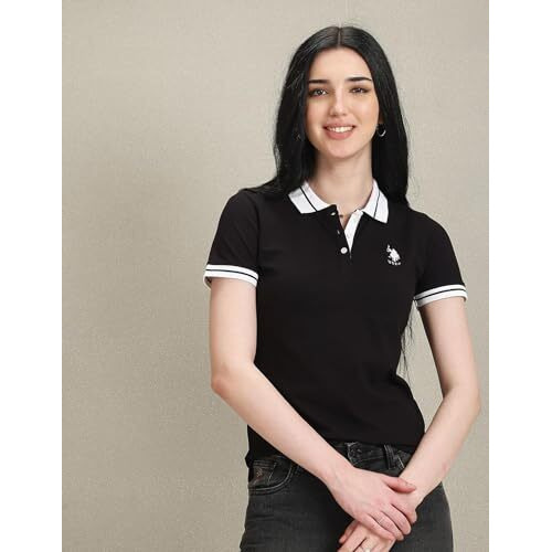 U.S. Polo Assn. Women's Striped Collar Pique Polo Shirt (Uwaw23Tsh027_Black_L)