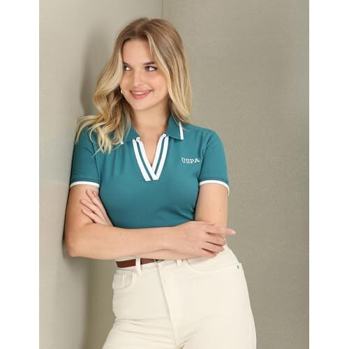 U.S. Polo Assn. Women's Tipped Collar Pique Polo Shirt (Uwaw23Tsh029_Green_S)