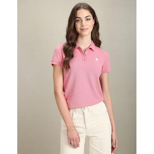 U.S. Polo Assn. Women's Cotton Textured Slim Polo Shirt (Uwaw23Tsh046_Pink_L)