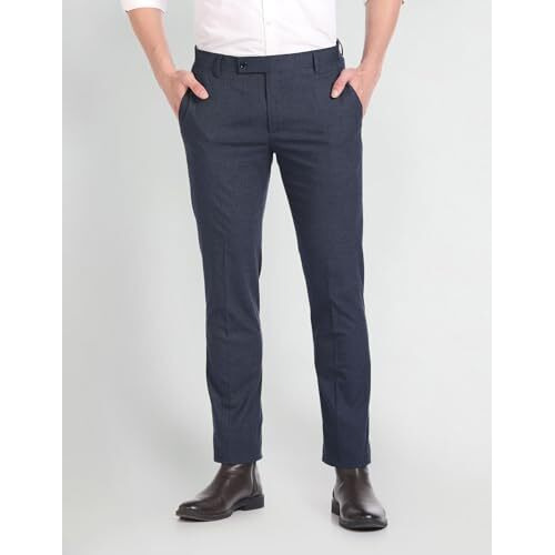 Arrow Men's Solid Tailored Fit Polyester Formal Trouser Blue, Mid Rise, 32