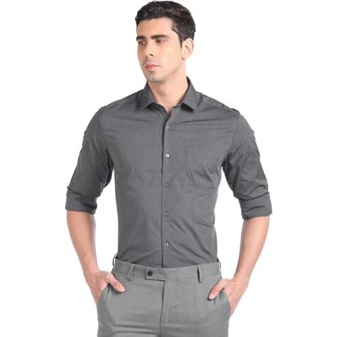 Arrow Men's Grey Heathered - Cutaway Collar Full Sleeves Formal Shirt With Chest Pocket | Cotton Fabric | Slim Fit
