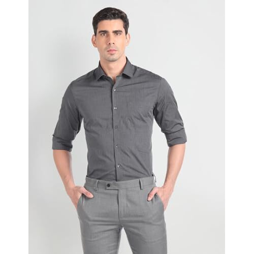 Arrow Men's Grey Heathered - Cutaway Collar Full Sleeves Formal Shirt With Chest Pocket | Cotton Fabric | Slim Fit