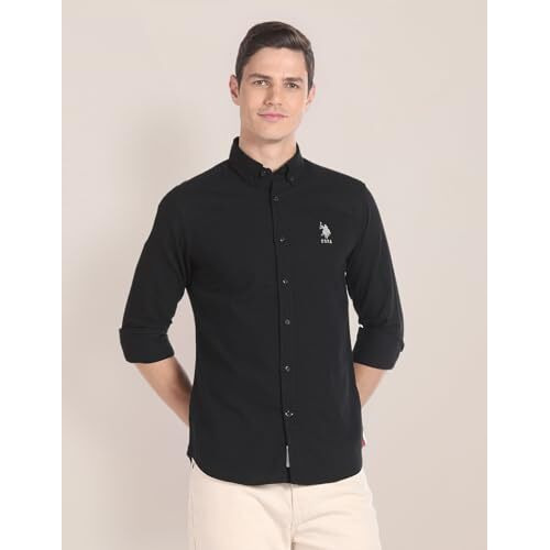 U.S. Polo Assn. Men's Cotton Solid Regular Fit Shirt (Ussht-G75_Black, Large