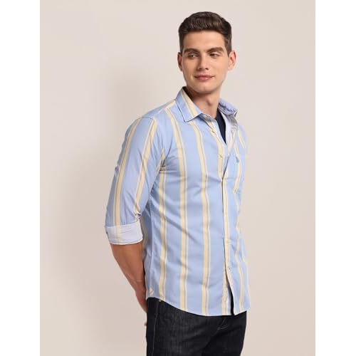 U.S. Polo Assn. Men's Striped Regular Fit Shirt (Ussht-G79_Blue