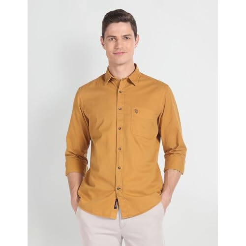 U.S. Polo Assn. Men's Solid Slim Fit Shirt (Udsht-G17_Ochre