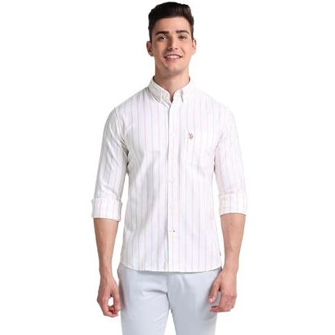 U.S. Polo Assn. Men's Striped Regular Fit Shirt (Ussht1914_Ivory