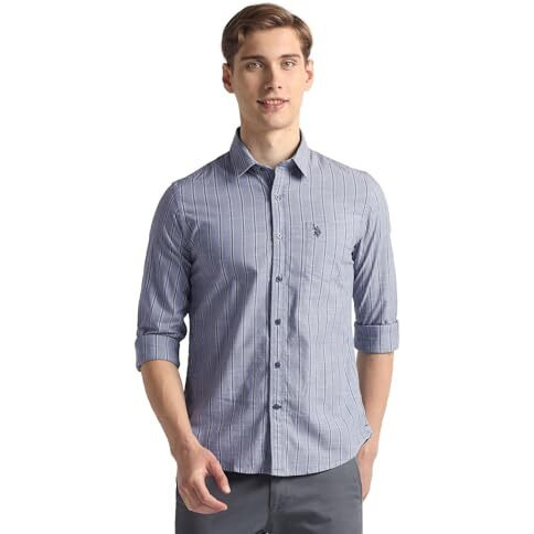 U.S. Polo Assn. Men's Striped Slim Fit Shirt (Udsht0909_Steel Blue