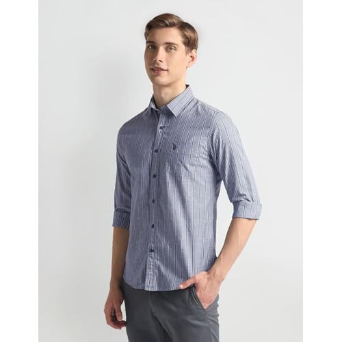 U.S. Polo Assn. Men's Striped Slim Fit Shirt (Udsht0909_Steel Blue