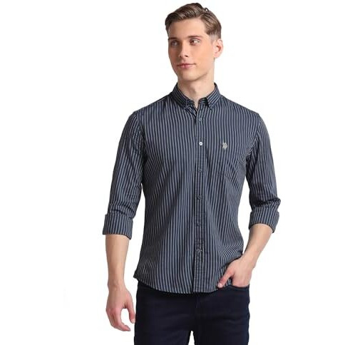 U.S. Polo Assn. Men's Cotton Striped Slim Fit Shirt (Udsht0922_Navy,40