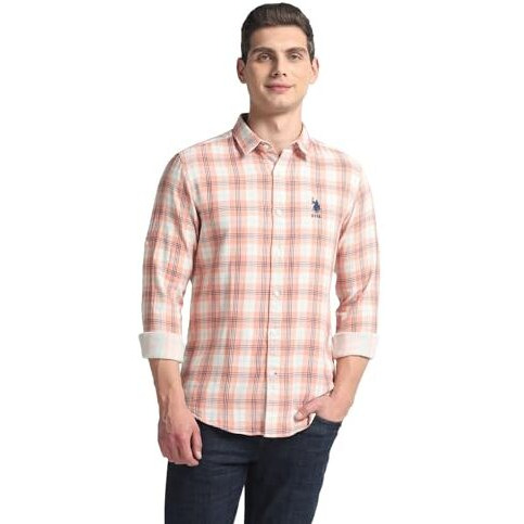 U.S. Polo Assn. Men's Cotton Checkered Slim Fit Shirt (Udsht0931_Peach, 46