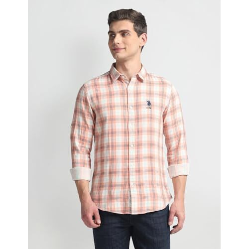 U.S. Polo Assn. Men's Cotton Checkered Slim Fit Shirt (Udsht0931_Peach, 46