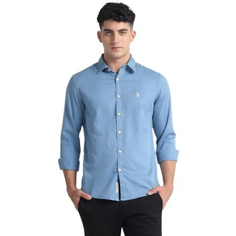 U.S. Polo Assn. Cotton Men's Solid Slim Fit Shirt (Udsht0952_Blue, Large