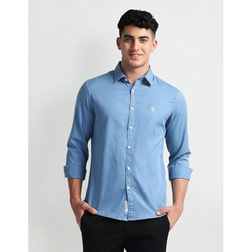 U.S. Polo Assn. Cotton Men's Solid Slim Fit Shirt (Udsht0952_Blue, Large