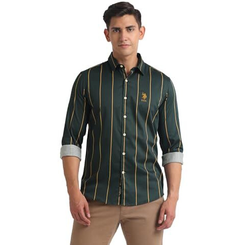 U.S. Polo Assn. Men's Cotton Striped Slim Fit Shirt (Udsht1142_Green, Medium
