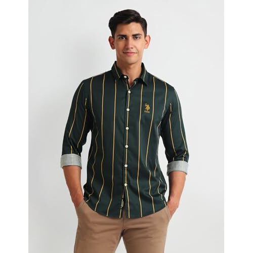 U.S. Polo Assn. Men's Cotton Striped Slim Fit Shirt (Udsht1142_Green, Medium