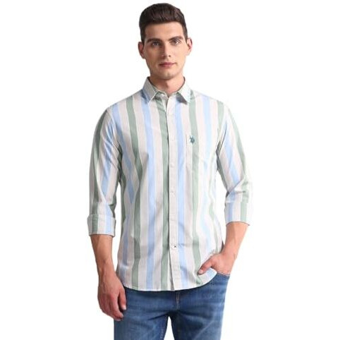U.S. Polo Assn. Men's Striped Regular Fit Shirt (Ussht1910_Beige, Blue And Green