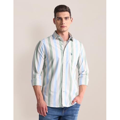 U.S. Polo Assn. Men's Striped Regular Fit Shirt (Ussht1910_Beige, Blue And Green