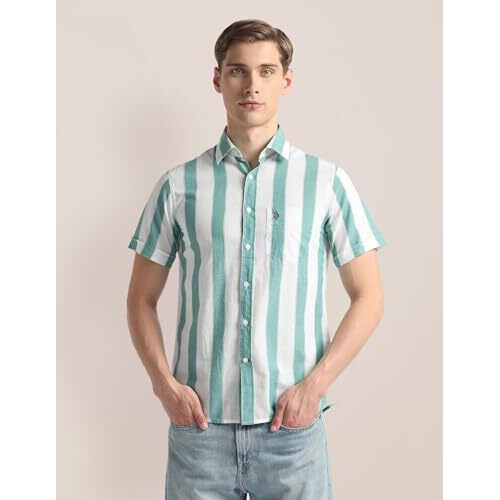 U.S. Polo Assn. Men's Striped Regular Fit Shirt (Ussht1911_Green
