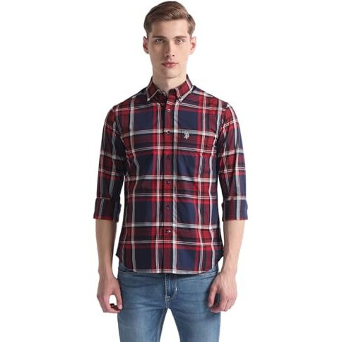 U.S. Polo Assn. Men's Checkered Regular Fit Shirt (Ussht2023_Navy And Red