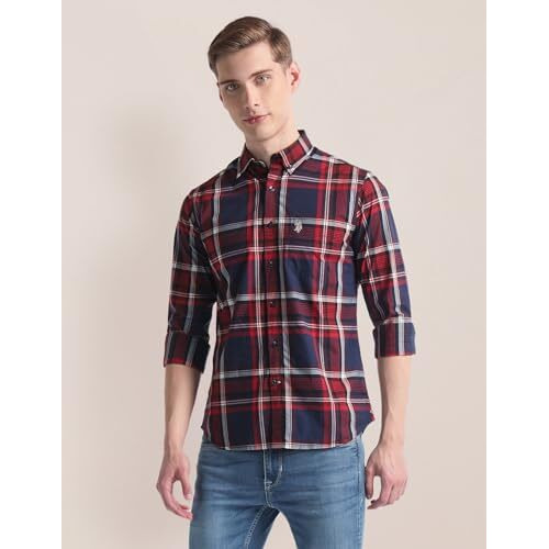 U.S. Polo Assn. Men's Checkered Regular Fit Shirt (Ussht2023_Navy And Red